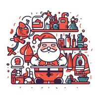 Père Noël claus dans le cuisine. vecteur illustration dans ligne art style.