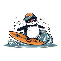 manchot sur une planche de surf. vecteur illustration dans dessin animé style.