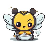 mignonne dessin animé abeille personnage en mangeant une bol de nourriture vecteur illustration.