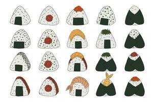 ensemble de cliparts onigiri dessinés à la main. restauration rapide japonaise à base de riz. boulette de riz aux algues nori vecteur