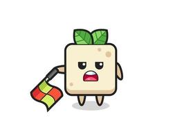 le personnage de tofu en tant que juge de ligne tient le drapeau vers le bas à un angle de 45 degrés vecteur