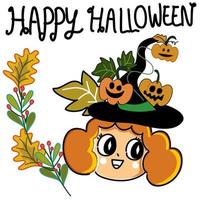 joyeux halloween citrouille fille dessin animé vecteur de carte dessiné à la main