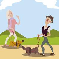 personnes âgées actives, vieil homme et femme âgée marchant avec des chiens vecteur