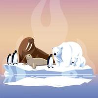 Phoque de pingouins morses et ours polaires sur le pôle nord de l'iceberg fondu vecteur