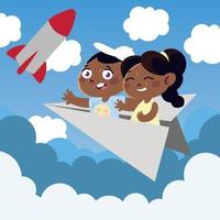 mignonne petite fille et garçon sur un dessin animé d'avion en papier, enfants vecteur