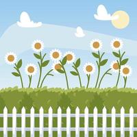 jardinage, fleurs marguerites buissons et bande dessinée de clôture vecteur