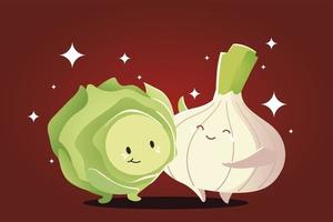 légumes kawaii dessin animé mignon oignon et chou heureux vecteur