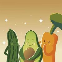 légumes kawaii dessin animé mignon heureux avocat concombre et carotte vecteur