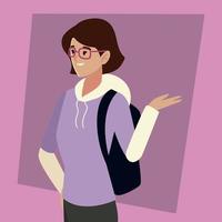 étudiante universitaire femme avec lunettes et caractère sac à dos vecteur
