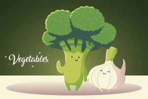 légumes kawaii mignon brocoli et oignon cartoon style vecteur