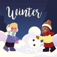 fille et garçon heureux faisant un bonhomme de neige en hiver vecteur