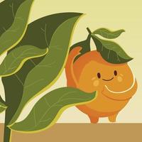 Fruit kawaii dessin animé visage joyeux orange mignon avec des feuilles vecteur