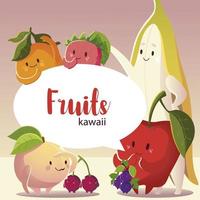 Fruits kawaii drôle de visage dessin animé souriant conception d'étiquettes vecteur