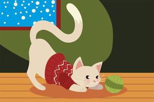 chat mignon de noël avec pull dans la maison vecteur