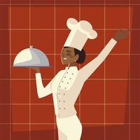 Chef féminin avec restaurant professionnel de travailleur de service de plateau vecteur