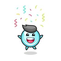 mascotte bulle heureuse sautant pour félicitation avec des confettis de couleur vecteur