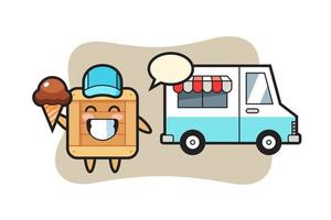 caricature de mascotte de boîte en bois avec camion de crème glacée vecteur