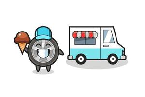 caricature de mascotte de roue de voiture avec camion de crème glacée vecteur