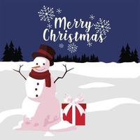 joyeux noël carte de voeux bonhomme de neige avec cadeau en hiver vecteur