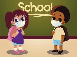 retour à l'école d'une fille et d'un garçon afro avec des masques médicaux vecteur