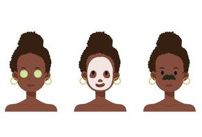 femme afro-américaine avec masque facial, patchs de nez, concombre. vecteur