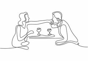un dessin au trait d'un couple d'homme et de femme en train de manger. vecteur