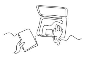 dessin au trait continu des mains tapant sur un ordinateur portable vecteur