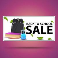 vente de retour à l'école, bannière de remise blanche avec sac à dos scolaire