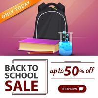 vente de retour à l'école, bannière rose avec sac à dos scolaire vecteur