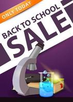 vente de retour à l'école, bannière de remise verticale violette avec microscope vecteur