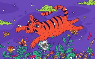 illustration d'un tigre survolant un champ de fleurs. vecteur