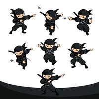 le ninja de dessin animé noir définit 12 avec six poses différentes vecteur