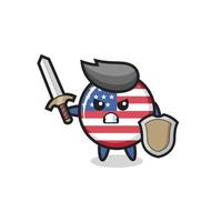 Adorable soldat insigne du drapeau des États-Unis combattant avec une épée et un bouclier vecteur