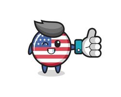 Insigne mignon du drapeau des États-Unis avec le symbole du pouce levé des médias sociaux vecteur