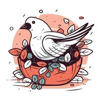 vecteur main tiré griffonnage illustration de une Pigeon dans une nid avec fleurs et feuilles