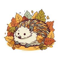 hérisson avec l'automne feuilles. vecteur illustration dans dessin animé style.