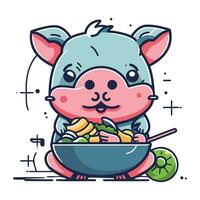 mignonne hippopotame en mangeant des légumes dans une bol. vecteur illustration.