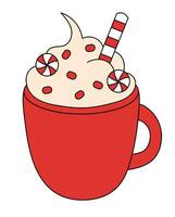 Noël rouge tasse avec tourbillon des sucreries, fouetté crème et sucettes. chaud confortable hiver agresser boire. vecteur plat illustration.