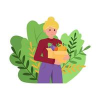 dessin animé personnage de Jeune femme en portant boîte avec en bonne santé nourriture vecteur