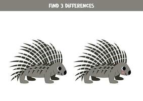 trouver 3 différences entre deux mignonne dessin animé porcs-épics. vecteur