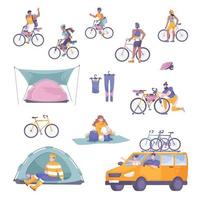 jeu d'icônes plat de tourisme à vélo vecteur