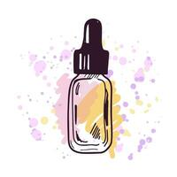 dessiné à la main sérum bouteille avec pipette, beauté cosmétique élément, soi se soucier. illustration sur une aquarelle pastel Contexte avec éclaboussures de peindre. utile pour beauté salon, cosmétique magasin. griffonnage esquisser. vecteur