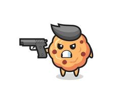 le mignon personnage de cookie aux pépites de chocolat avec un pistolet vecteur