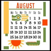 une carré calendrier page pour août 2024 avec une vert géométrique dragon. isolé sur une blanc Contexte. le symbole de le année de le dragon. dragon avec une tournesol. vecteur illustration. Couleur