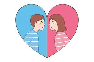 Valentin et sortir ensemble concept. embrasser couple dans cœur forme pour illustration. romantique moment. femme et homme vecteur