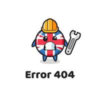 erreur 404 avec la mascotte mignonne d'insigne de drapeau du royaume-uni vecteur