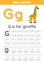 tracé alphabet des lettres pour enfants. animal alphabet. g est pour girafe. vecteur