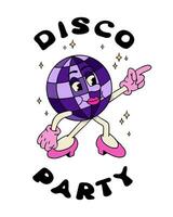 rétro style impression conception avec disco Balle dessin animé personnage et caractères dans sensationnel style. main tiré marrant femelle personnage et slogan disco faire la fête. ancien dansant concept illustration vecteur