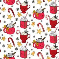 Noël mignonne kawaii chaud les boissons sans couture modèle. hiver vacances avec puéril personnages dans plat style sur blanc Contexte. bien pour décoration, emballage papier, textile, fond d'écran, bannière vecteur