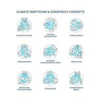 scepticisme climatique et conspiration blue concept icons set vecteur